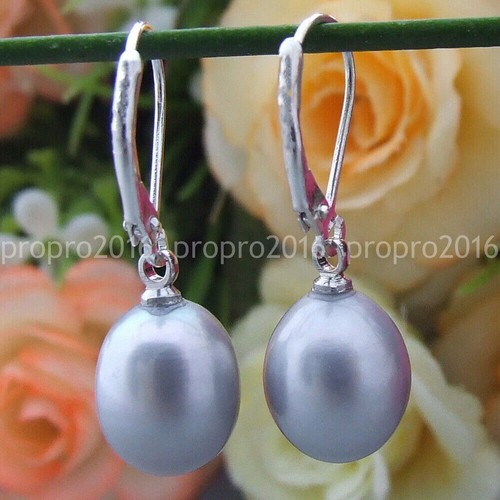 Natural Silver Gray Freshwater Baroque Teardrop Pearl Dangle Leverback Earrings - Picture 4 of 10