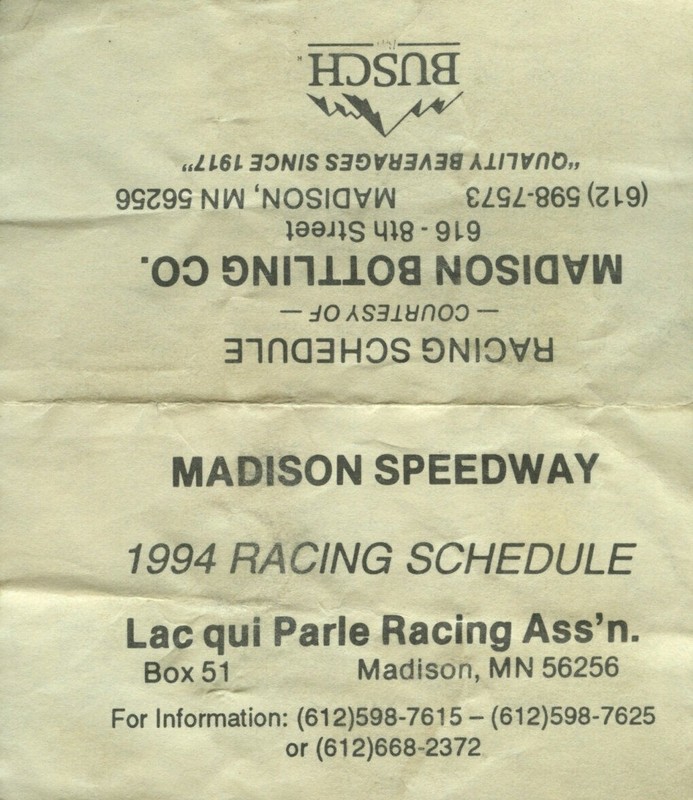 schedule, Madison Speedway Minnesota (Madison, MN 56256) 1994, dirt track racing