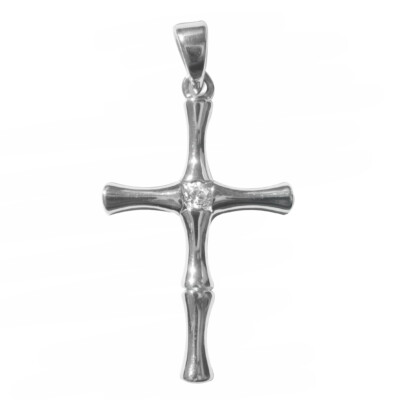 Authentic 925 Sterling Silver Cubic Zirconia Bamboo Cross Religious ...
