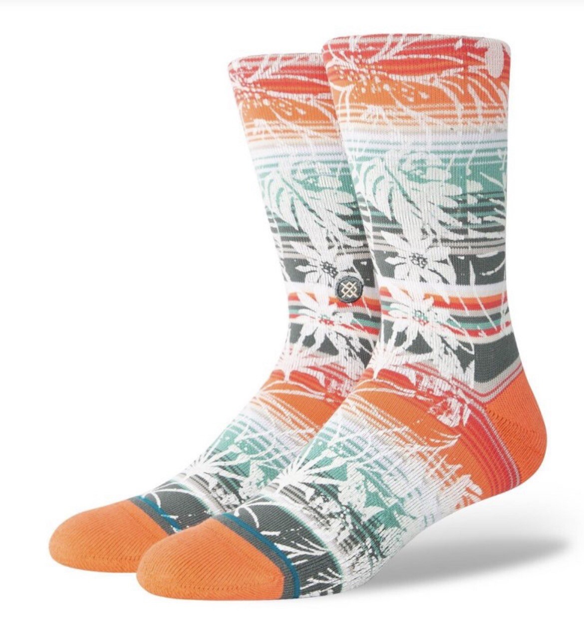 Stance Crew Socks Floral Striped Orange White Palms Leaves Teal Mens LARGE 6-14-image