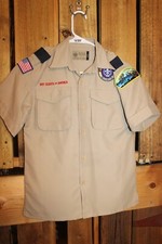 Boy Scouts Youth Shirt Medium Vented Poly Microfiber Tan Sewn on patches