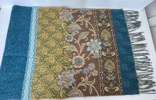Fraas Cashmink Paisley Fringe Scarf Blue Gold Pink Floral Made in Germany 72" - Picture 15 of 22