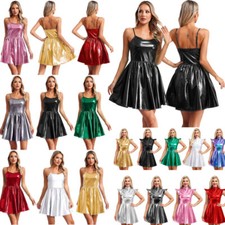 Women's Metallic Mock Neck Cap Sleeve High Waist Party Disco Holographic Dress