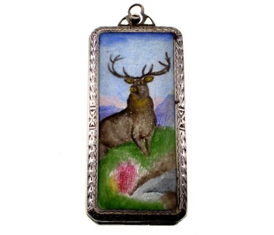 ANTIQUE EDWARDIAN ENAMEL ELK SILVER LOCKET PENDANT C.1900