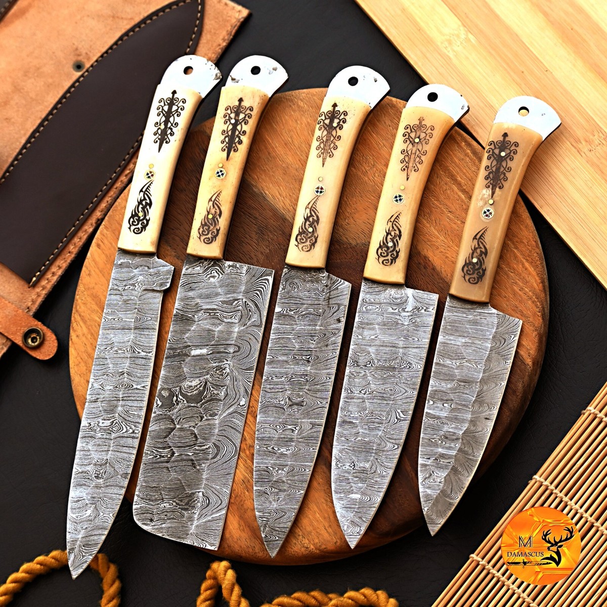 CUSTOM HANDMADE DAMASCUS STEEL CHEF KNIFE KITCHEN SET W/ CAMEL