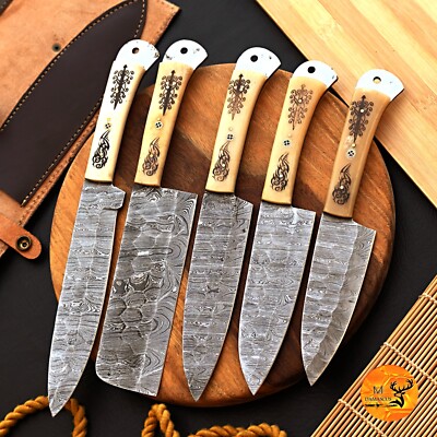 CUSTOM HANDMADE DAMASCUS STEEL CHEF KNIFE KITCHEN SET W/ CAMEL BONE HANDLE  2660