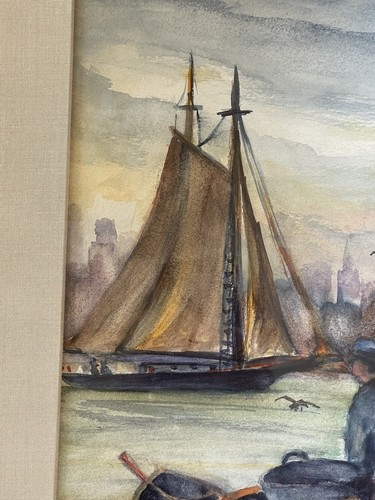 Vintage nautische Meereslandschaft signiert Warshow Aquarell Gemälde Segelboote Hafen Dock - Bild 6 von 14