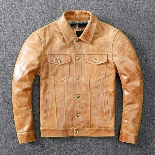 Genuine Cowhide Leather Jacket Men's Denim Jacket Slim Pocket Button Short Coats - Picture 16 of 16