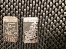 2012  & 2013 YEAR OF THE DRAGON & SNAKE 1/2 OZ 999 FINE SILVER BAR. 1 oz Total