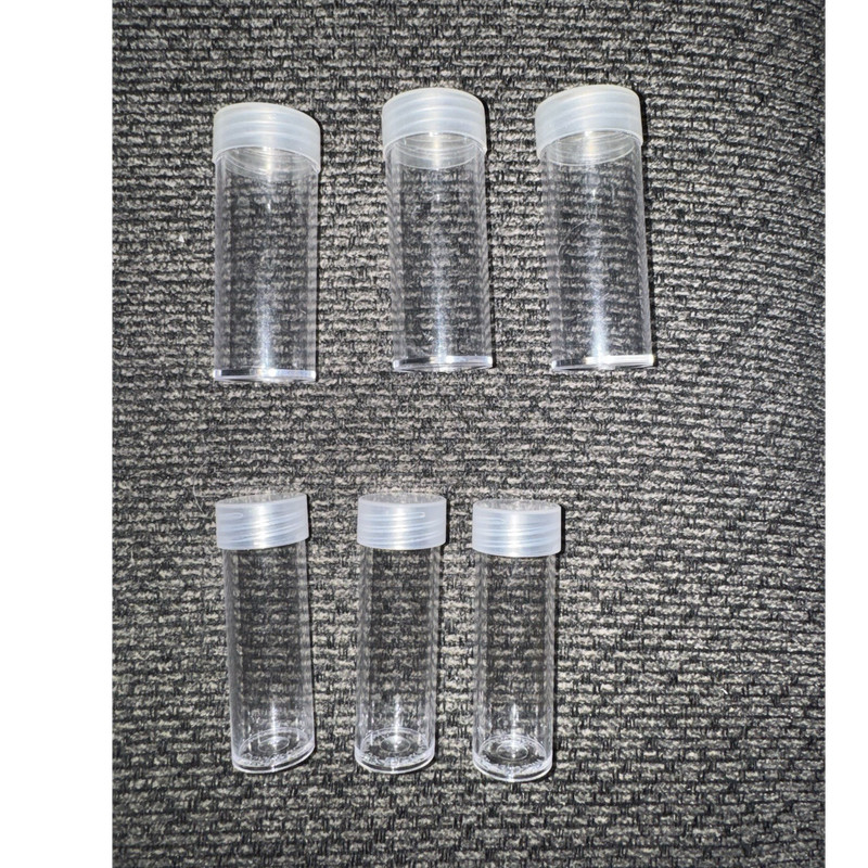 Lot of 6 Clear Plastic Coin Storage Tubes with Screw-On Caps 3 Dimes 3 Quarter