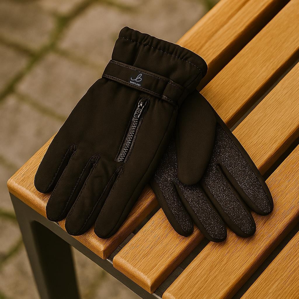 Mens Black Thermal Gloves Fleece Lined Zip Pocket Grip Palm Winter Sports