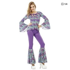 Hauntlook Disco Diva 70s Costume Women XL Purple Floral Paisley Bell Sleeves