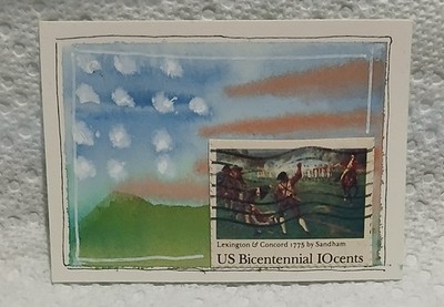 Postal Whimsy OOAK ACEO with 10¢ Lexington Concord Bicentennial Stamp Watercolor