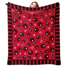 Valentines Red Flannel Blanket, Dog Paw Prints Bone Love Heart Throw Blanket ...