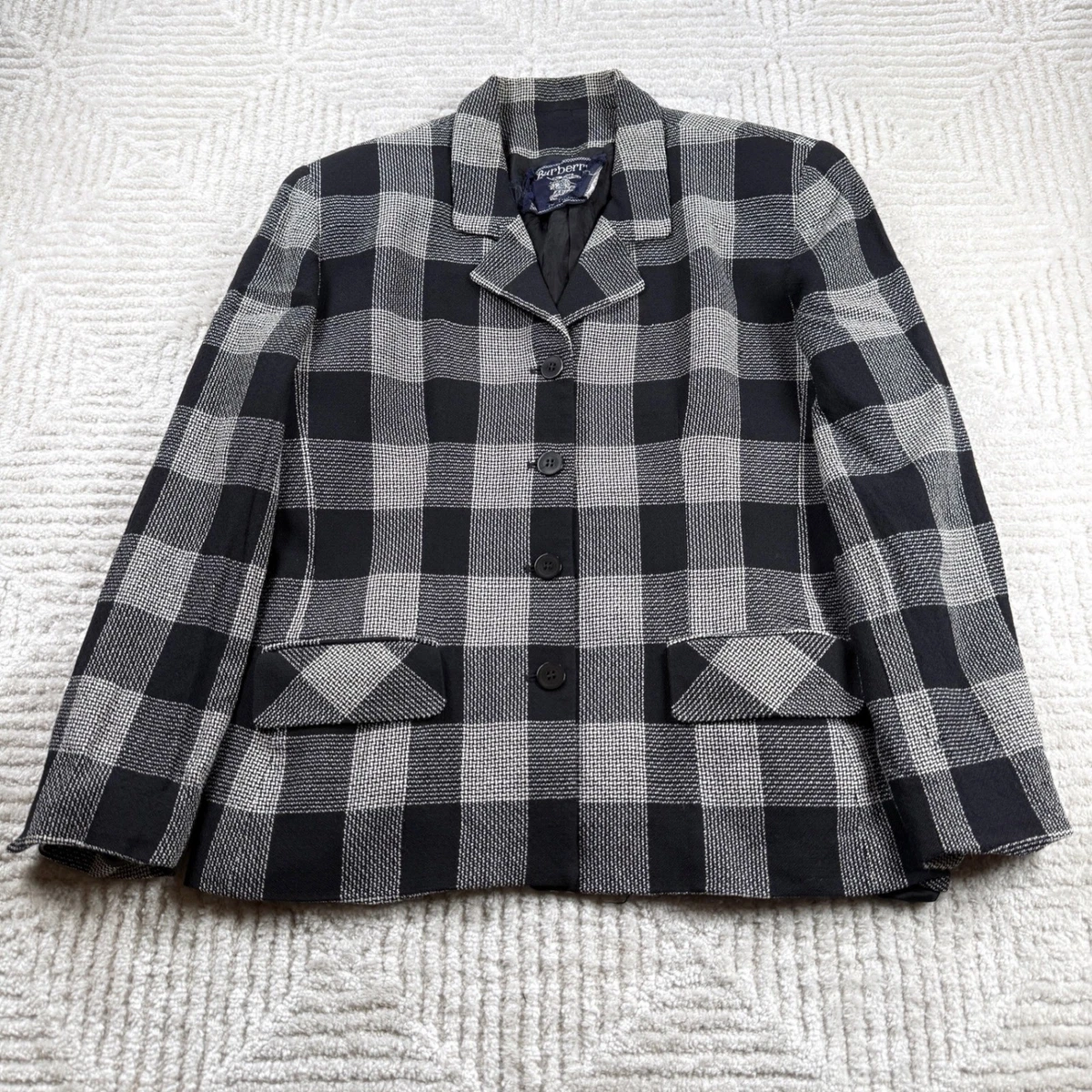 Blazer Burberrys para mujer 12 negro blanco a cuadros mezcla de lana vintage oscuro academia