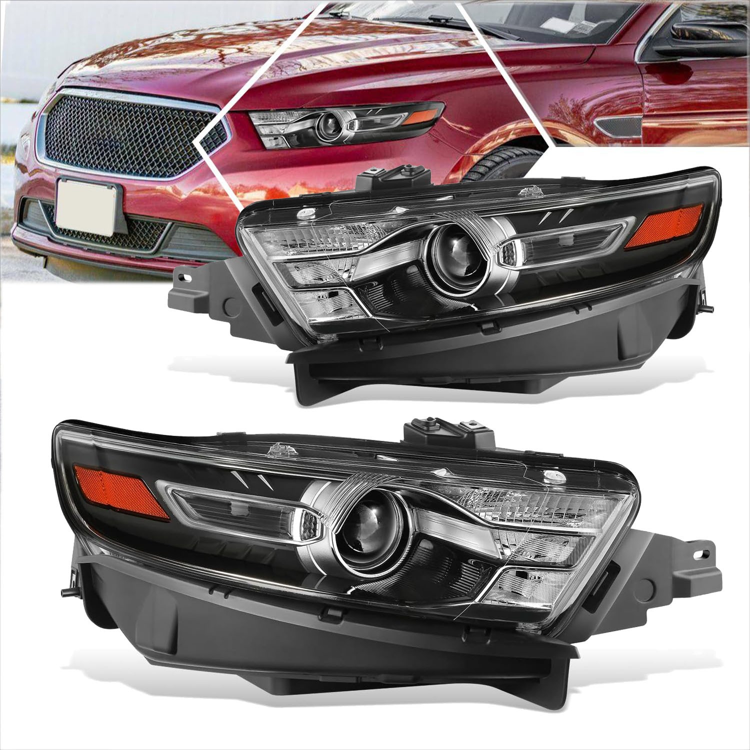 Black Pair Housing Amber Corner Projector Headlight For 2013-2019 Ford Taurus