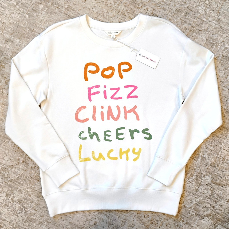 NWT S Women's Lucky Brand Celebration Ivory French Terry Sweatshirt NEW