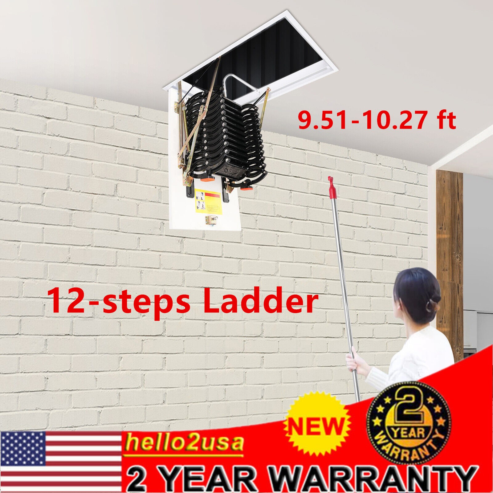 12 Steps Pull Down Attic Stairs Retractable Attic Ladder Folding Stairs Black-image