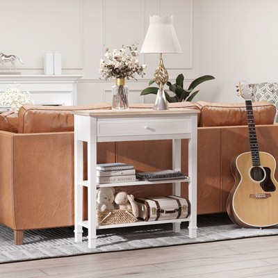 Weißer Konsolentisch Flur Beistelltisch mit Schublade 2 Ablagen Arbeitsplatte Retro Elegant