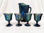 Vintage Blue Carnival Glass Grape Pattern Pitcher & 4 Goblets Iridescent Set — photo 4