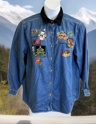 Bobbie Brooks Womans XL 16/18  Denim Snowman Christmas Long Sleeve Shirt Cotton