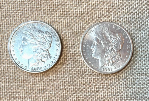 Lot of 2 Beautiful Morgan Silver Dollars, 1882-0 & 1883-P, AU, 90% Silver