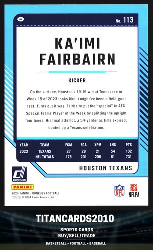 Ka'imi Fairbairn 2024 Panini Donruss Blue Press Proof Houston Texans #113 - Picture 2 of 2