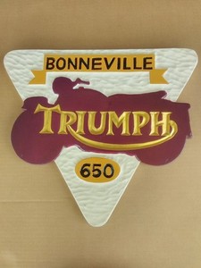 HAND CARVED WOOD BONNEVILLE 650 TRIUMPH MOTORCYCLE SIGN 15.5" X 14" X 1" USED