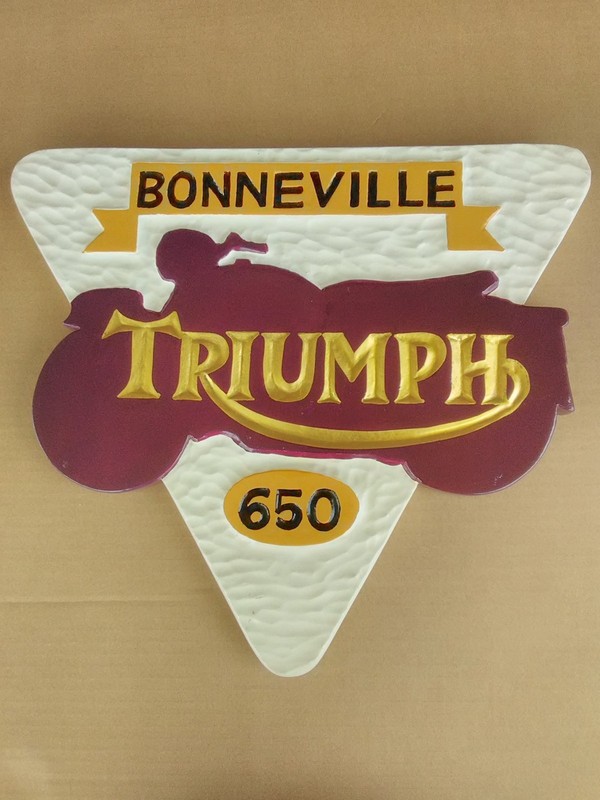 HAND CARVED WOOD BONNEVILLE 650 TRIUMPH MOTORCYCLE SIGN 15.5" X 14" X 1" USED
