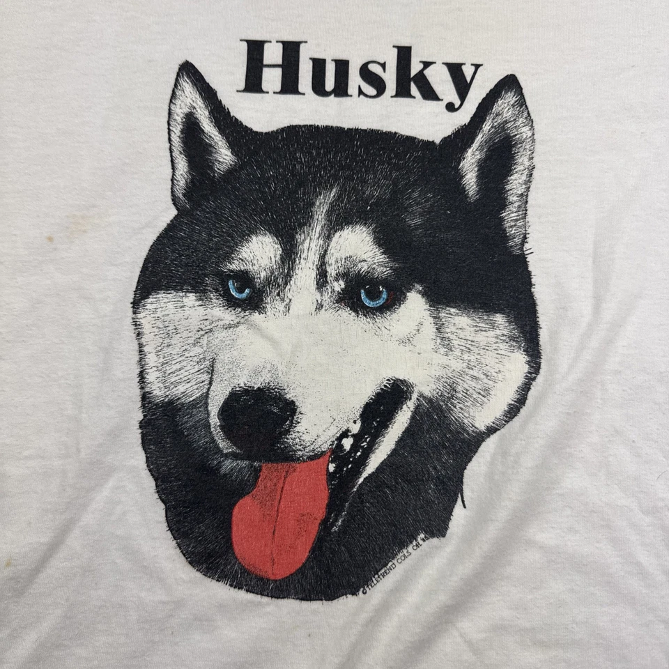 Camiseta De Colección Jerzees Años 80 1985 Husky Gráfico Puntada Única Blanca S/S Talla XL Foto 3 de 4
