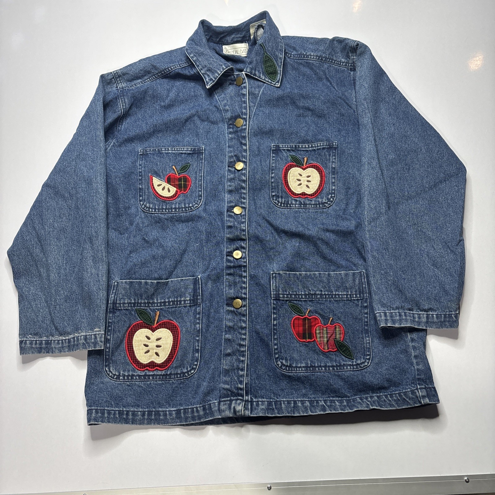 Vintage Mandal Bay Womens XL Denim Button Jacket Embroidered Apple Teacher 90's