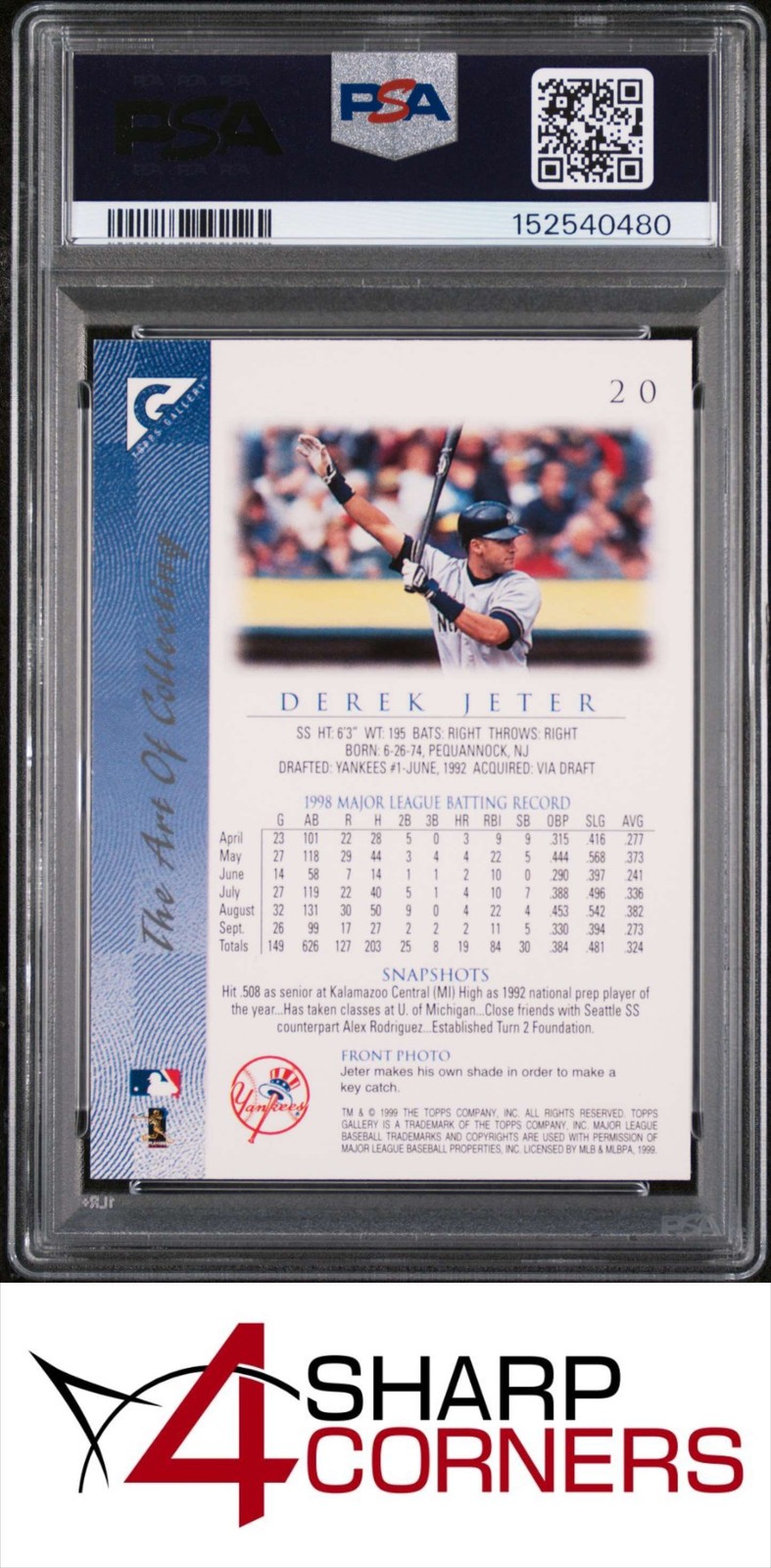 1999 TOPPS GALLERY #20 DEREK JETER YANKEES HOF PSA 10 view 2