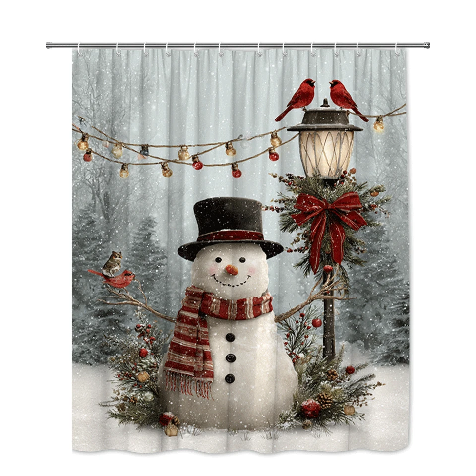 Snowman Christmas Shower Curtain with Lantern, Cardinals, Garland and Pine Decor - Image 2 of 4