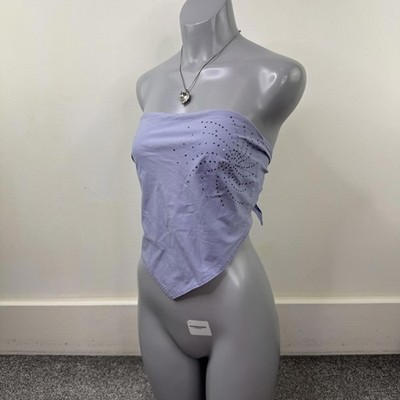 Y2K Vintage Trägerloses Top Einstecktuch Strass V Saum Festival Flieder Stretchig