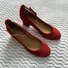 Sézane Red Suede Ankle Buckle Closure Mary Jane Round Toe Block Heel Shoes Sz 38