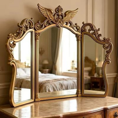 Luxury Gold Rococo Vanity Mirror Ornate Tri Fold Dressing Table Mirror