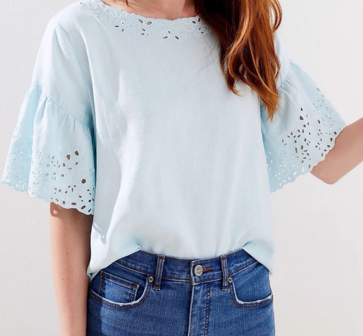 Ann Taylor LOFT Eyelet Edges Bar V Back Linen Blend Sz L Soft Blue Breeze Color