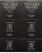 Victoria's Secret Coupons: Two Free Panties, $10 & $30 Off, Valid March 2026