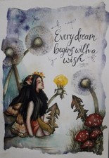 OPERA D'ARTE ORIGINALE FUNGHI FATA OGNI SOGNO DIPINTO ACQUERELLO FLOREALE FIRMATO 