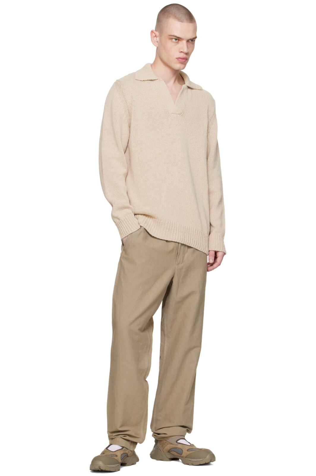 NWT Norse Projects Lasse Holiday Polo Tan Cotton Blend L/S Knit Sz M image 6