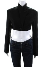 Aya Muse Womens Stok Peak Lapel Cropped Blazer Jacket Black Wool Size Medium
