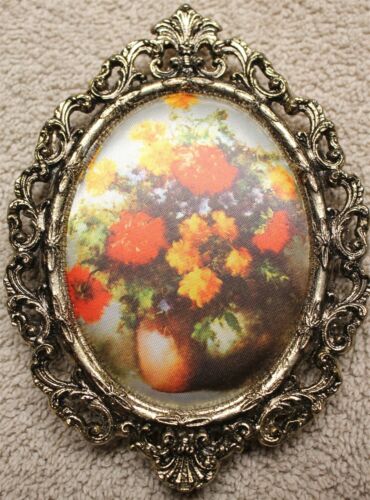 Nuevo de lote antiguo años 80 de colección 3 pequeñas flores enmarcadas en metal tela de seda HOMCO #8826BF Italia - Imagen 3 de 7