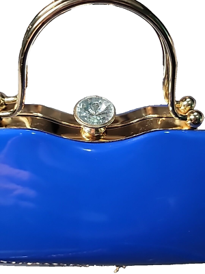 La Terre Blue Vegan Purse w Detachable Gold Chain Strap, Gem Clasp