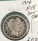 1914 Barber Quarter Dollar Fine Full Liberty Nice Coin Scratch OBV .90 % Silver