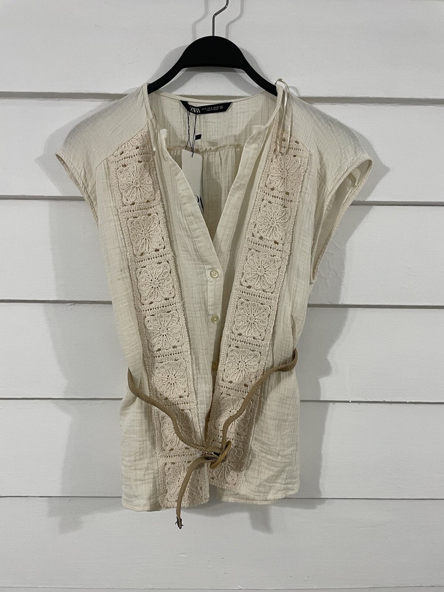 New ZARA Beige V-Neck Sleeveless Belted Mixed Crochet Top Shirt