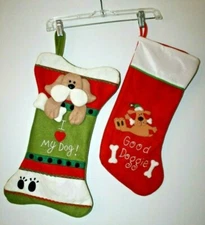 Set of 4 Dog Themed Christmas Stockings Paws Bells Dogs Bones Jingles & Joy