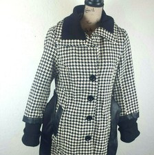 Yoki Womens Winter Coat Sz S Black White Houndstooth Leather Trim Belt Ribb Cuff