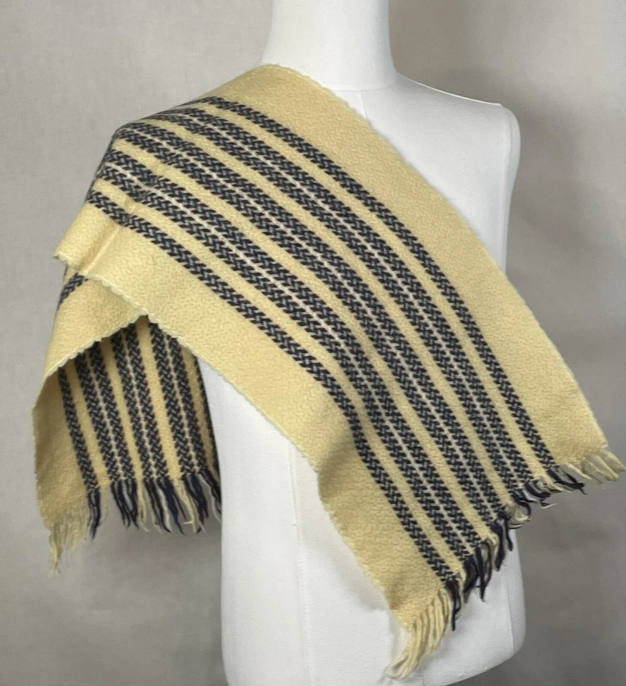 Short Scarf Vintage Yellow and Blue Striped 21" Neck Scarf with Fringe - Image 3 of 4