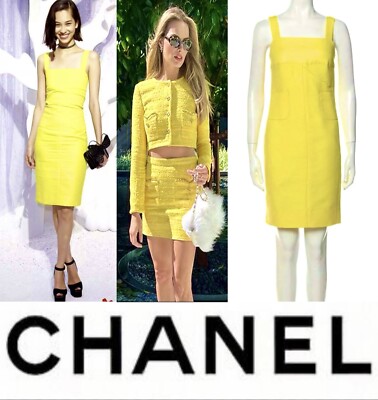 5K New Tag Chanel 2012 Yellow Tweed Work Midi Dress 34 36 2 4 Glitter XS S M