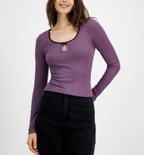 Just Polly Juniors' Contrast-Trim Rib-Knit Top - Grape Jam - SUS